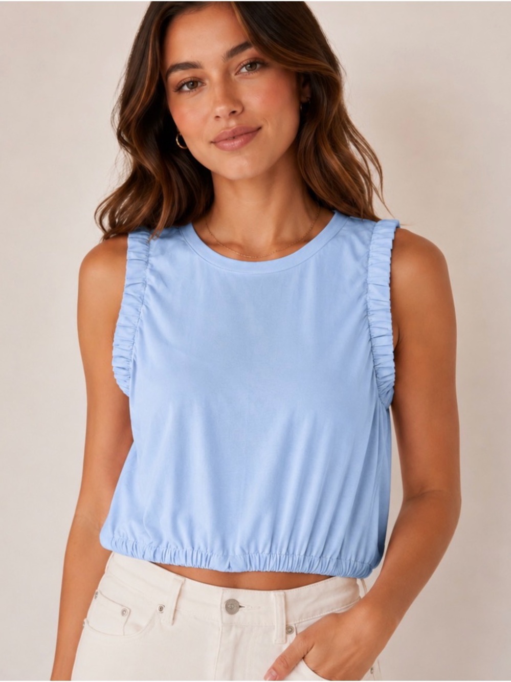 Vigoss Light Blue Ruffle-Sleeve Crop Tank Top Size Medium
